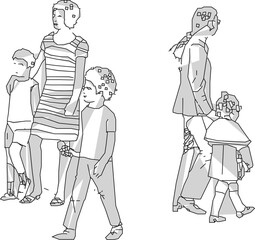 Vector sketch illustration, silhouette design, image of a small family walking down the street.eps
