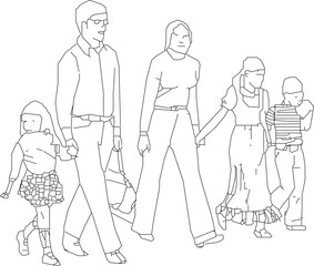 Vector sketch illustration, silhouette design, image of a small family walking down the street.eps