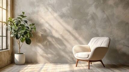 Chic interior showcasing a sleek armchair and a leafy plant beside a neutral plaster wall