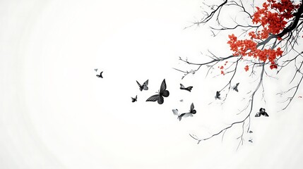 Black Butterflies and Red Flowers on a Bare Branch