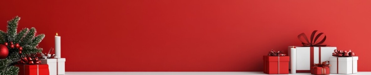 Christmas Setting, Red Background, White "X" Symbol, Gold-wrapped Presents, Festive Lights, Red Candles