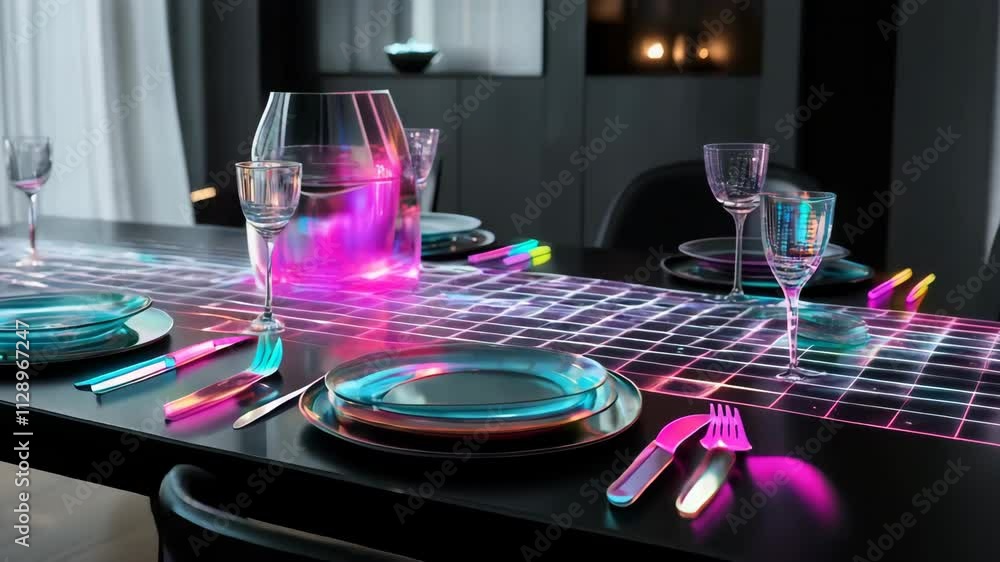 Poster modern dining table features a glowing grid pattern that changes colors while someone sets the table