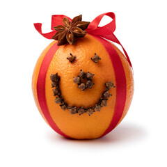 Traditional orange Christmas pomander isolated on white background close up