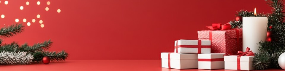 Christmas Tree, Decorations, Gift Pile on White Wall for Commercial Use