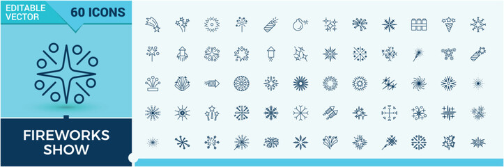 Firework linear icon collection. Includes thin line congratulation, xmas, day, fun, birthday, anniversary and more. Thin outline icons pack. Editable vector stroke.