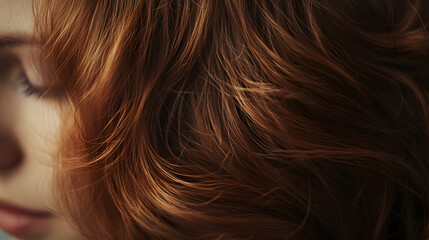 Fototapeta premium A soft-lit portrait of medium-length chestnut brown hair styled in relaxed waves.