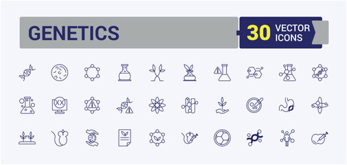 Genetics line web icon set. It contains symbols to science, modified, icons, lab, line, dna, pipette and more. Collection for mobile and web apps. Solid line editable vector illustration.