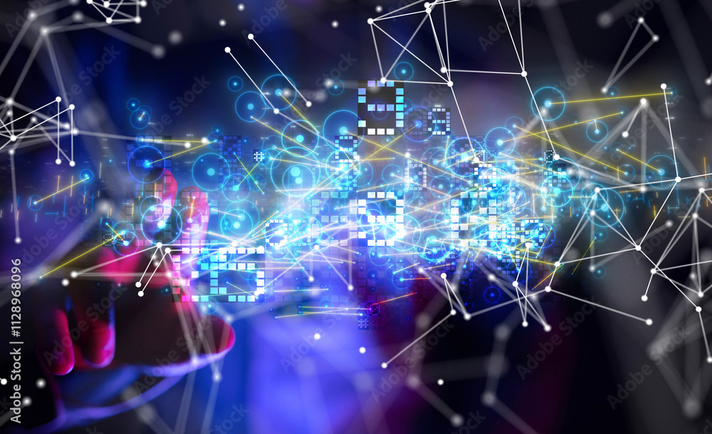 Poster Neural network 3D illustration. Big data and cybersecurity