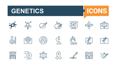 Genetics line web icon set. It contains symbols to science, modified, icons, lab, line, dna, pipette and more. Collection for mobile and web apps. Solid line editable vector illustration.