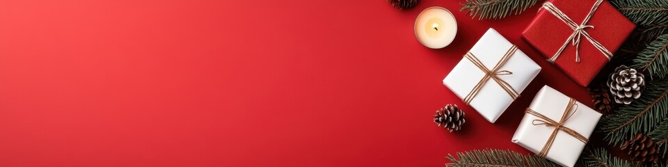 Red and Green Holiday banner with Gifts, Christmas Tree, and Decorations, for Marketing Materials or Seasonal Celebration