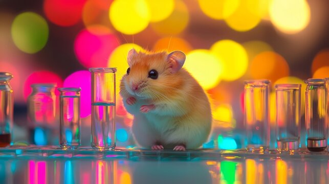 A cute hamster scientist donning a tiny lab coat and safety goggles, carrying out an endearing animal research experiment, digital illustration.