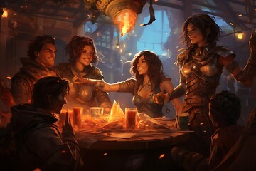 Five adventurers celebrate their victory in a dimly lit tavern, sharing drinks and laughter around a table.