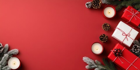 Christmas Table banner with Decorative Elements on Red Background, for Holiday Celebrations or Gift-Giving