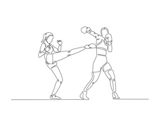 Continuous one line drawing of female boxing player combat . Two Kingboxing woman doing combat training in single line draw vector illustration. Editable line vector.