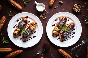 Dessert setup with éclairs on rustic surface