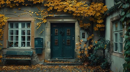 Cozy Autumn Cottage Entrance with Vibrant Yellow Leaves