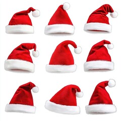 Various styles of Christmas hats, from simple to elaborate designs, placed on a clean white background. Perfect for holiday season, festive celebrations, and Christmas-themed concepts.