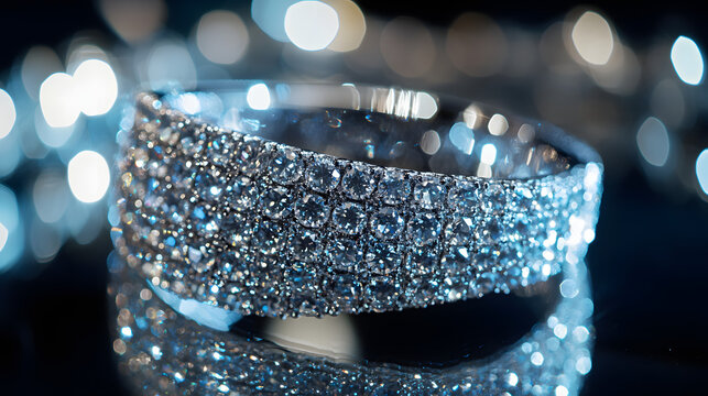 A sparkling diamond-encrusted cuff bracelet set against a mirrored surface.