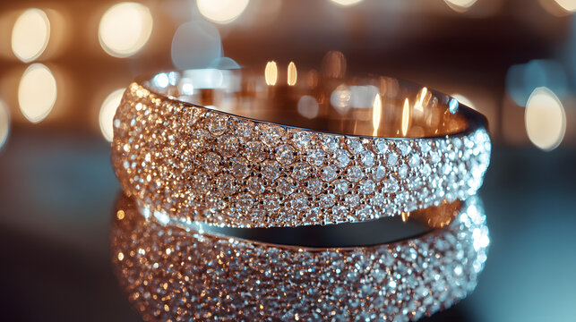 A sparkling diamond-encrusted cuff bracelet set against a mirrored surface.