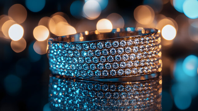 A sparkling diamond-encrusted cuff bracelet set against a mirrored surface.