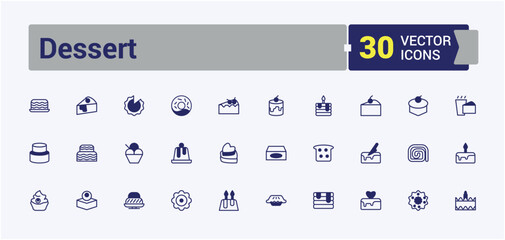 Set of Dessert line icons. It contains symbols to celebrate, bakery, happy, celebration, pastry, food, delicious and more. Outline symbol collection.