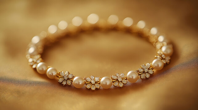 A statement pearl necklace with gold accents displayed in a boutique against a golden backdrop.