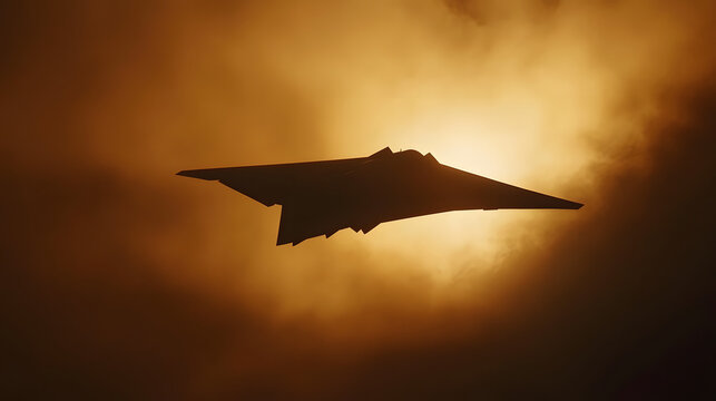 A stealth bomber silhouetted against the glow of a rising sun.