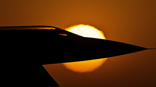 A stealth bomber silhouetted against the glow of a rising sun.