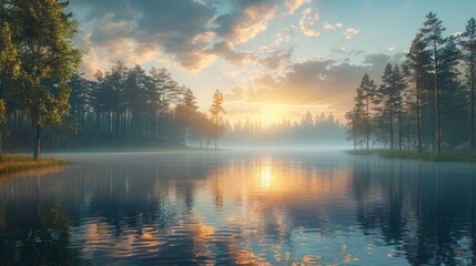 Serene sunrise over a misty lake in a pine forest.