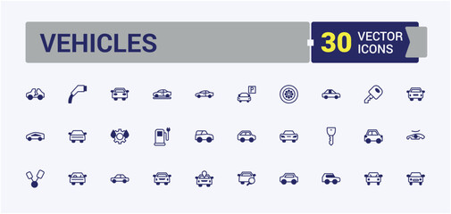 Vehicles icon pack. Includes thin line on, auto, transport, automobile, traffic, wheel, battery, transportation. Set of line pictogram. Editable vector outline and solid icons.