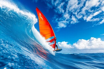 Windsurfer riding ocean wave with orange sail under blue sky
