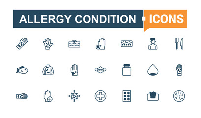 Allergy Condition thin line icon set. Containing dog, illness, pollen, head, care, food and more. Minimal linear icons. Vector outline and solid icons collection.