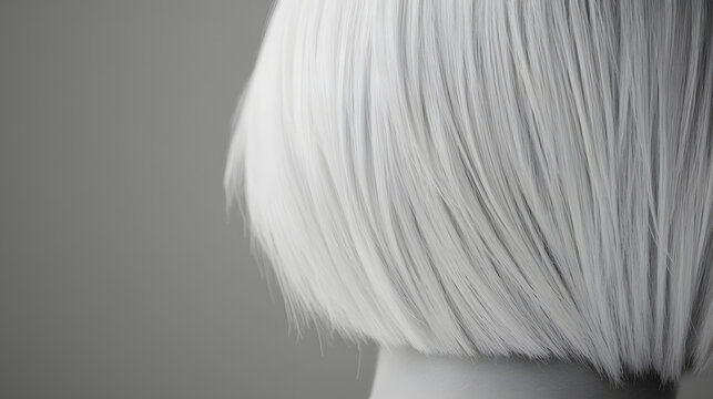 A striking image of platinum blonde hair styled into sharp angular bob cut.