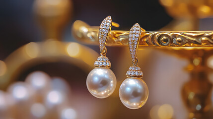 A striking pair of pearl drop earrings shimmering on a golden display stand.