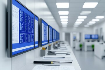 Fototapeta premium Modern office environment featuring multiple screens displaying data and documents on organized desks.