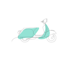 scooter in green color, one-line  single line illustration, scooter simple art, retro scooter, line drawing illustration, one line transport