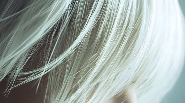 A striking image of platinum blonde hair styled into sharp angular bob cut.