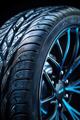 Close-Up Detailed Shot of Modern Car Tire with Intricate Tread Pattern and Shiny Blue Rim