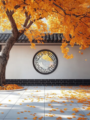 Minimalist Chinese classical garden architecture courtyard ground and autumn leaves