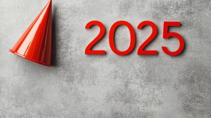 Vibrant Red Party Hat and Bold Year 2025 on Gray Concrete Background for Celebrations