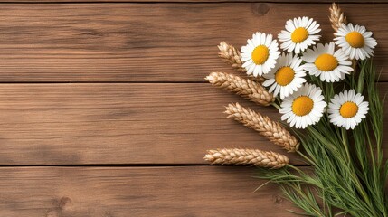 Obraz premium Fresh Daisies and Wheat on Rustic Wooden Surface for Natural Decoration