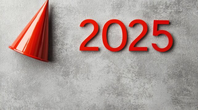 Vibrant Red Party Hat and Bold Year 2025 on Gray Concrete Background for Celebrations - Powered by Adobe