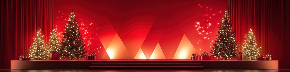 Staged Christmas Tree, Red and White Ornaments, Vibrant Backdrop, Festive banner with Flanking Gold-Ornamented Trees, Twinkling Lights