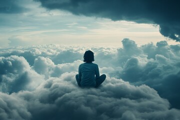 A person sitting on top of the clouds, surrounded by thick gray clouds and a dark blue sky, staring into the horizon, evoking a sense of freedom and serenity 1