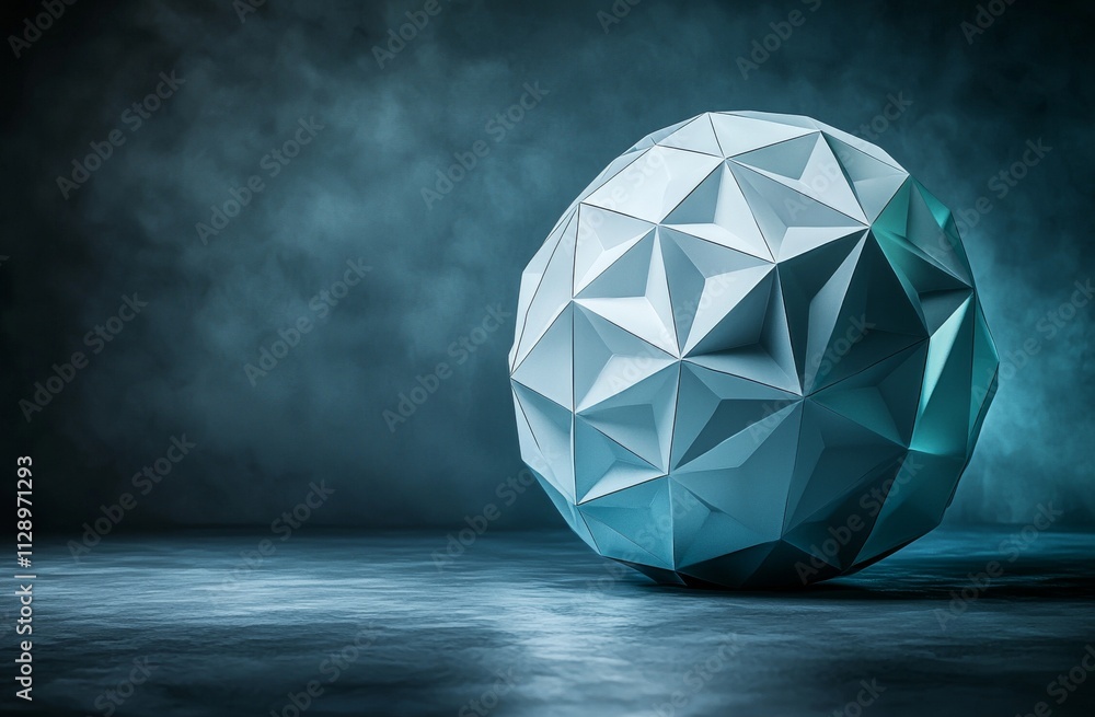 Poster a low-poly blue sphere rendered in 3d with an abstract and chaotic appearance.