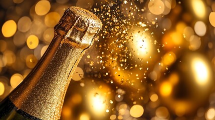 A close-up of a champagne bottle popping open with golden confetti raining down, surrounded by elegant decorations like streamers, balloons, and sparkling lights. Transparent image background.
