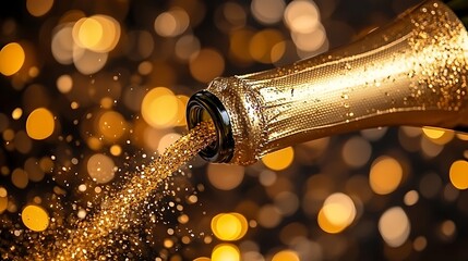 A close-up of a champagne bottle popping open with golden confetti raining down, surrounded by elegant decorations like streamers, balloons, and sparkling lights. Transparent image background.