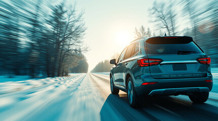 	
A family trip by SUV vehicle during the winter on a snowy road	
