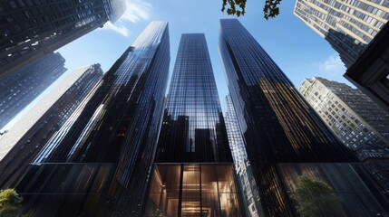 Low angle view of three modern skyscrapers in a city.
