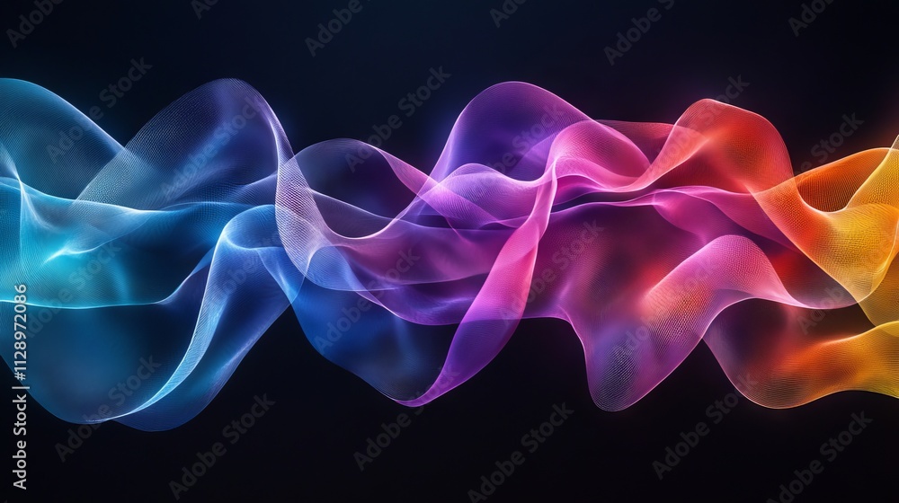 Poster a 3d render featuring an abstract iridescent shape on a dark background.